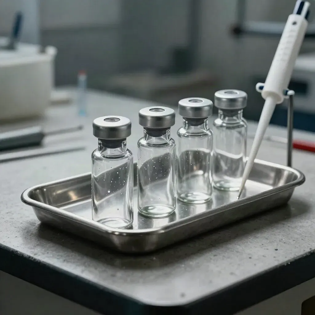 Glass sample vials beside a stainless tray and pipette stand on a dim lab surface.
