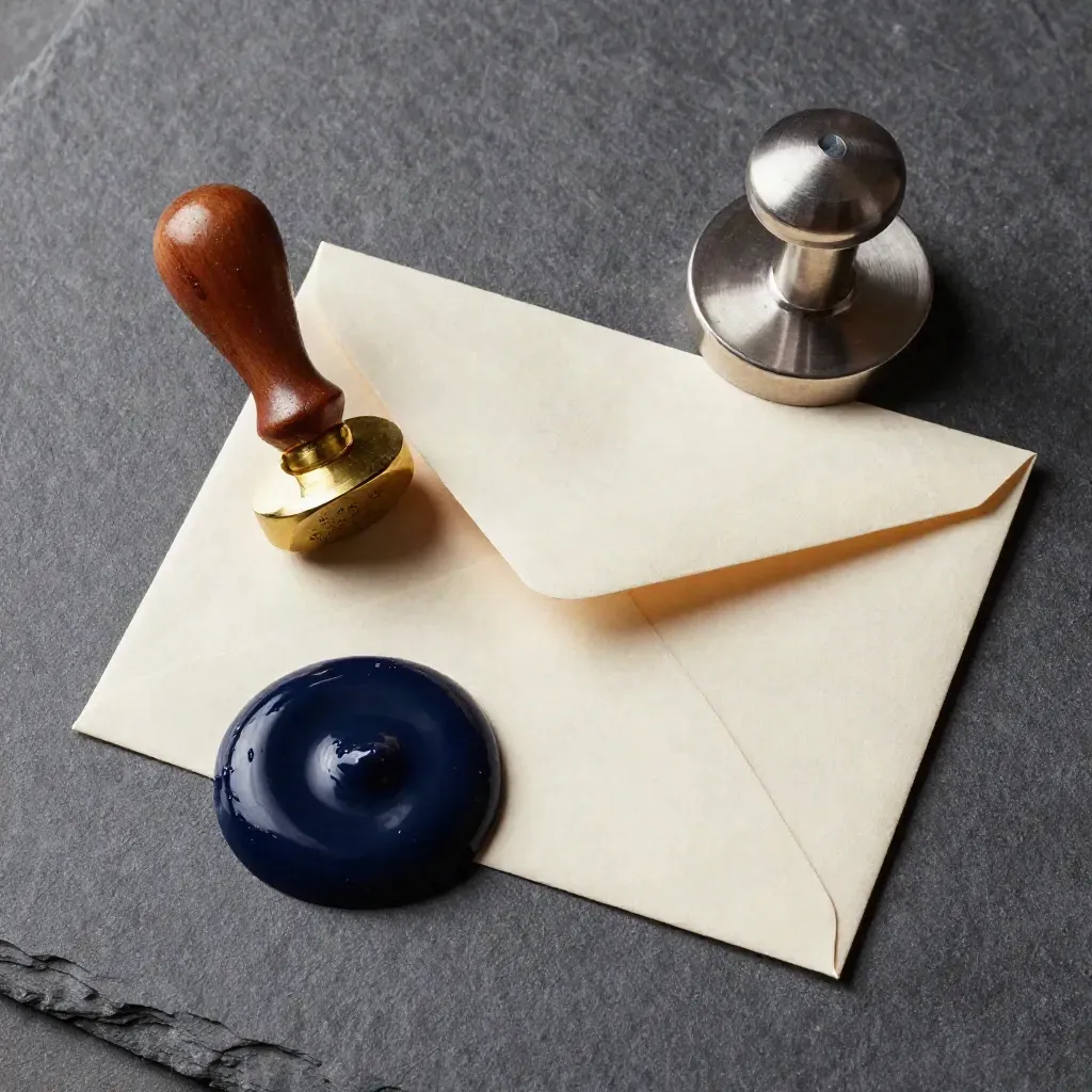 Top-down wax seal kit, archival envelope and paperweight on slate
