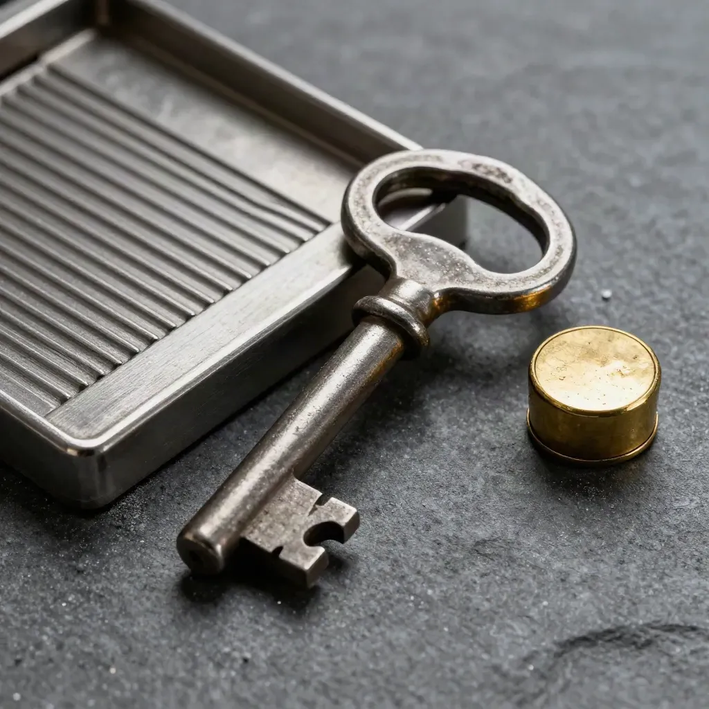 Macro still life of a vault key, ribbed tray and brass seal capsule on graphite stone.