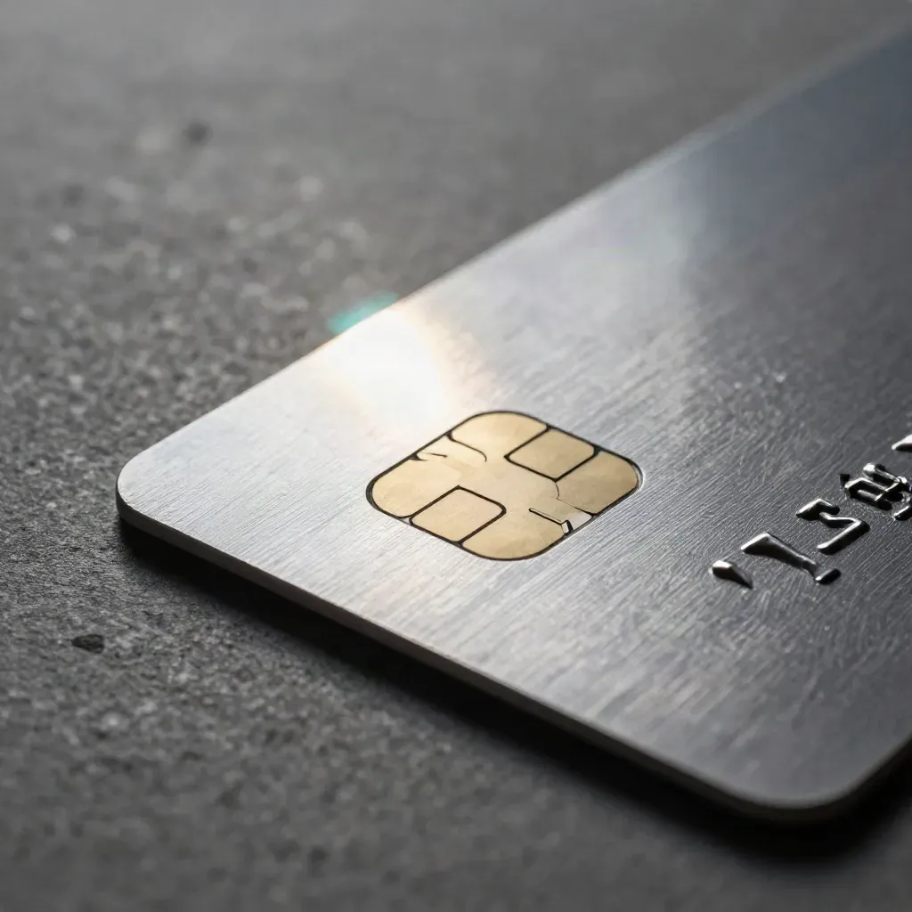 Close crop of a payment chip card, metal token and brushed chip plate on stone