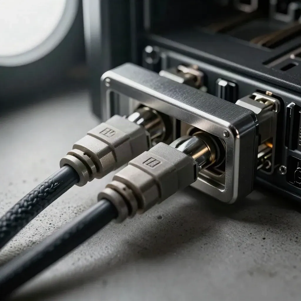 Macro of a server rack handle with braided patch leads and cable ferrules on concrete.