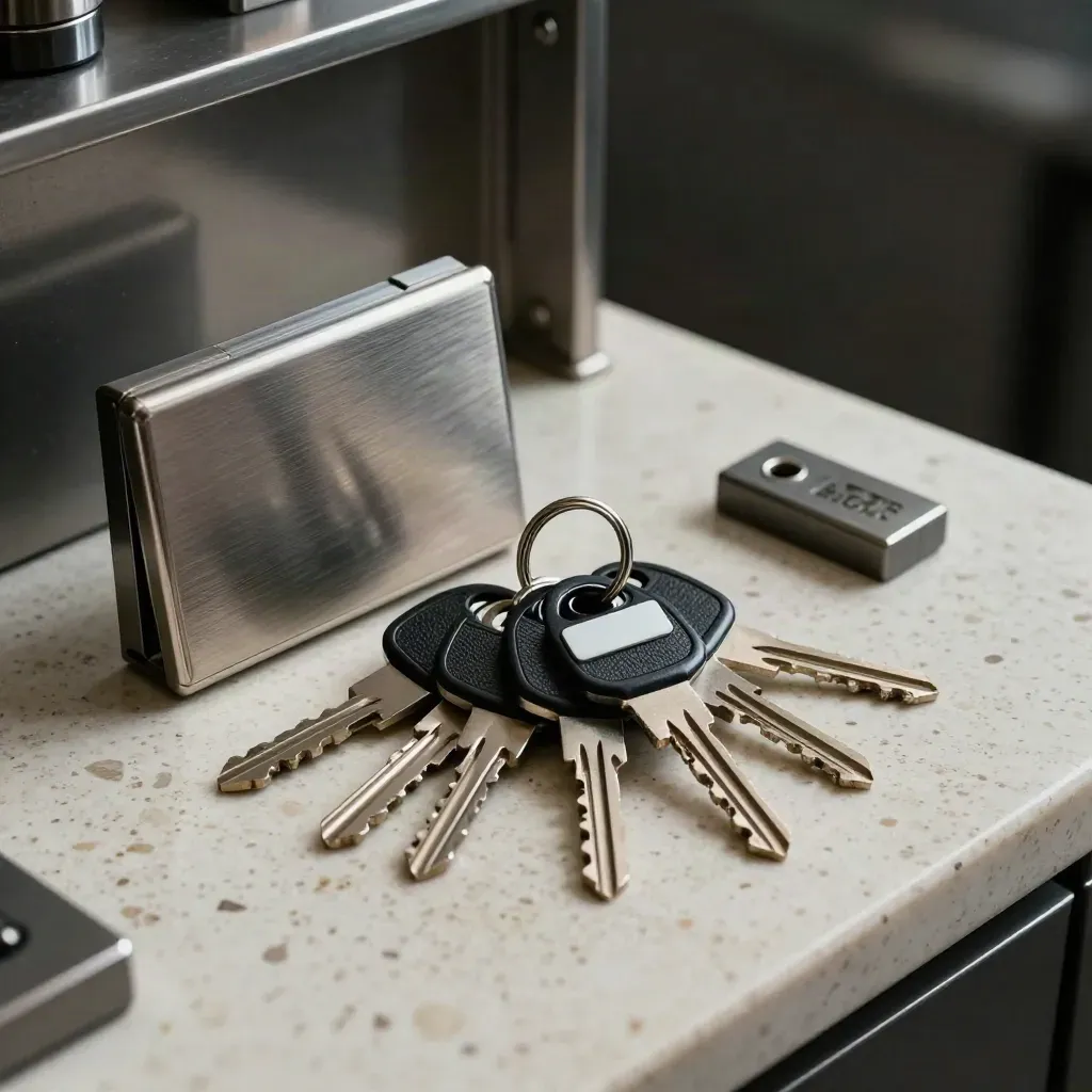 Executive key set and brushed-metal case on pale travertine under dramatic light.