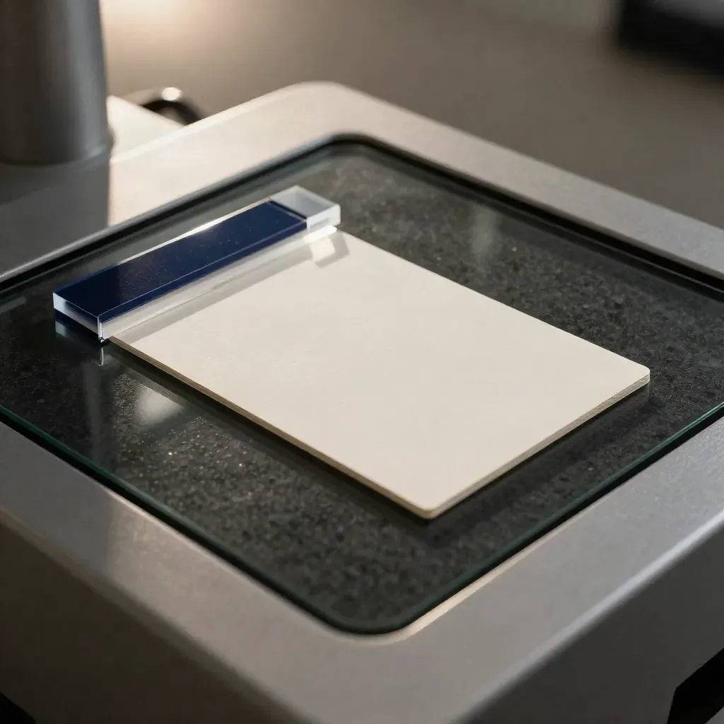 Macro passport scanner glass bed with calibration card and alignment wedge on dark stone.