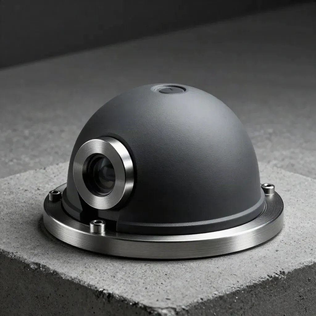 Biometric face-match hardware parts on concrete under dramatic studio light.