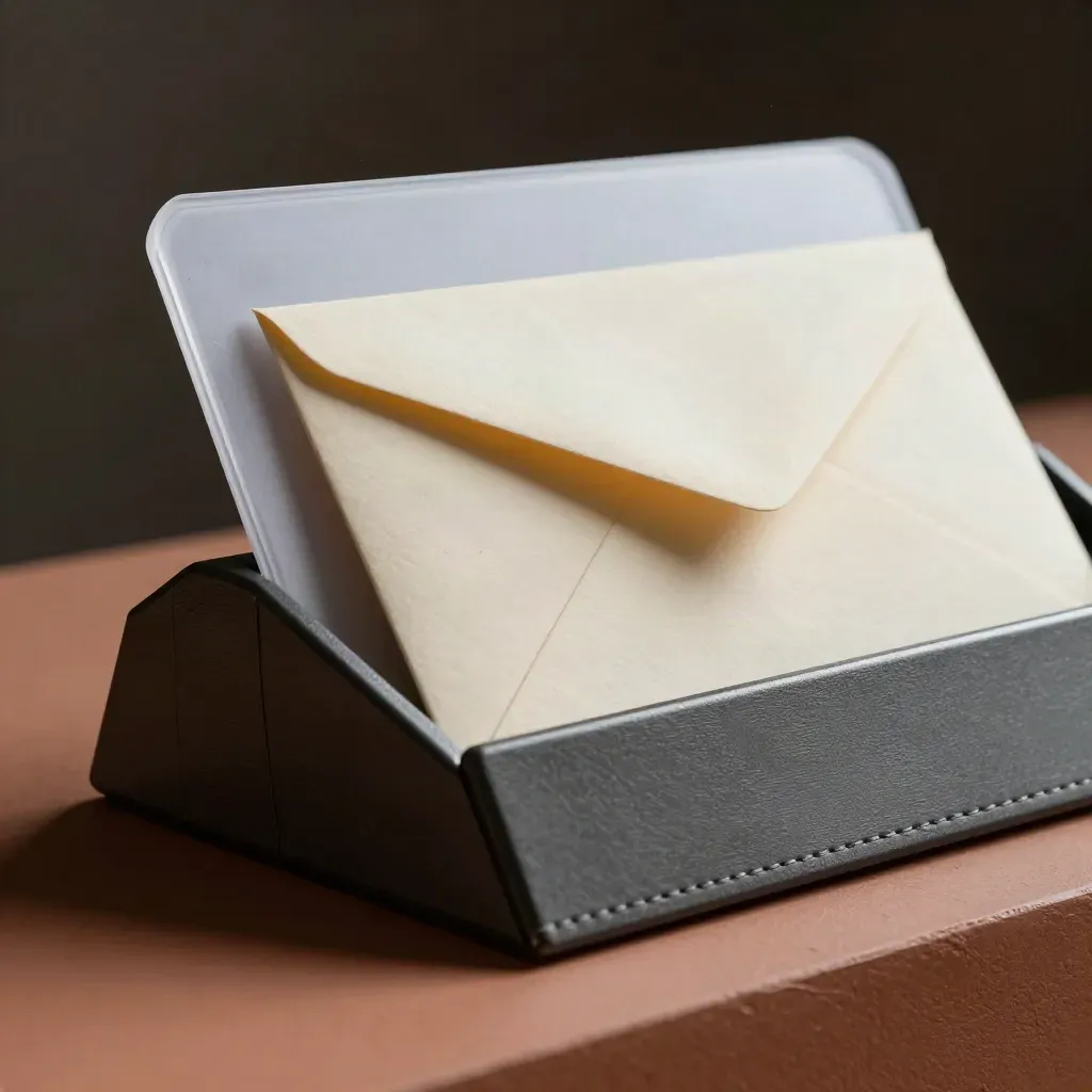 Macro of a graphite document cradle with a sealed envelope and frosted ID sleeve on terracotta plaster.