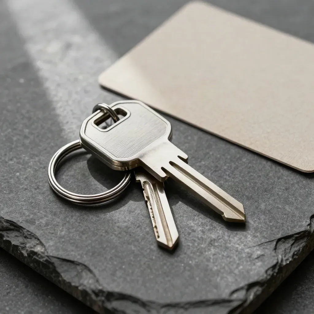 Top-down login kit with a hardware security key, NFC badge and key ring on stone.