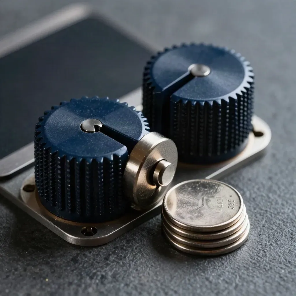 Macro of a selector knob cluster, lock cylinder, and metal tokens on graphite stone.