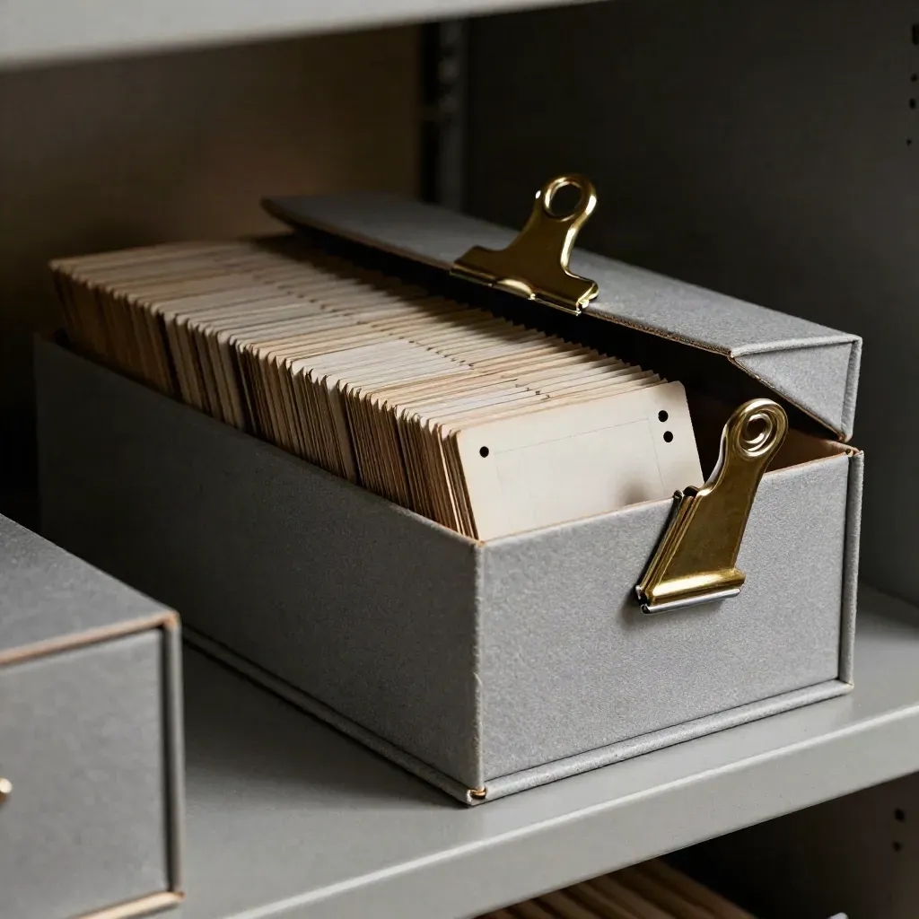 Archival box with punched ledger cards and a brass clip on concrete, lit dramatically.