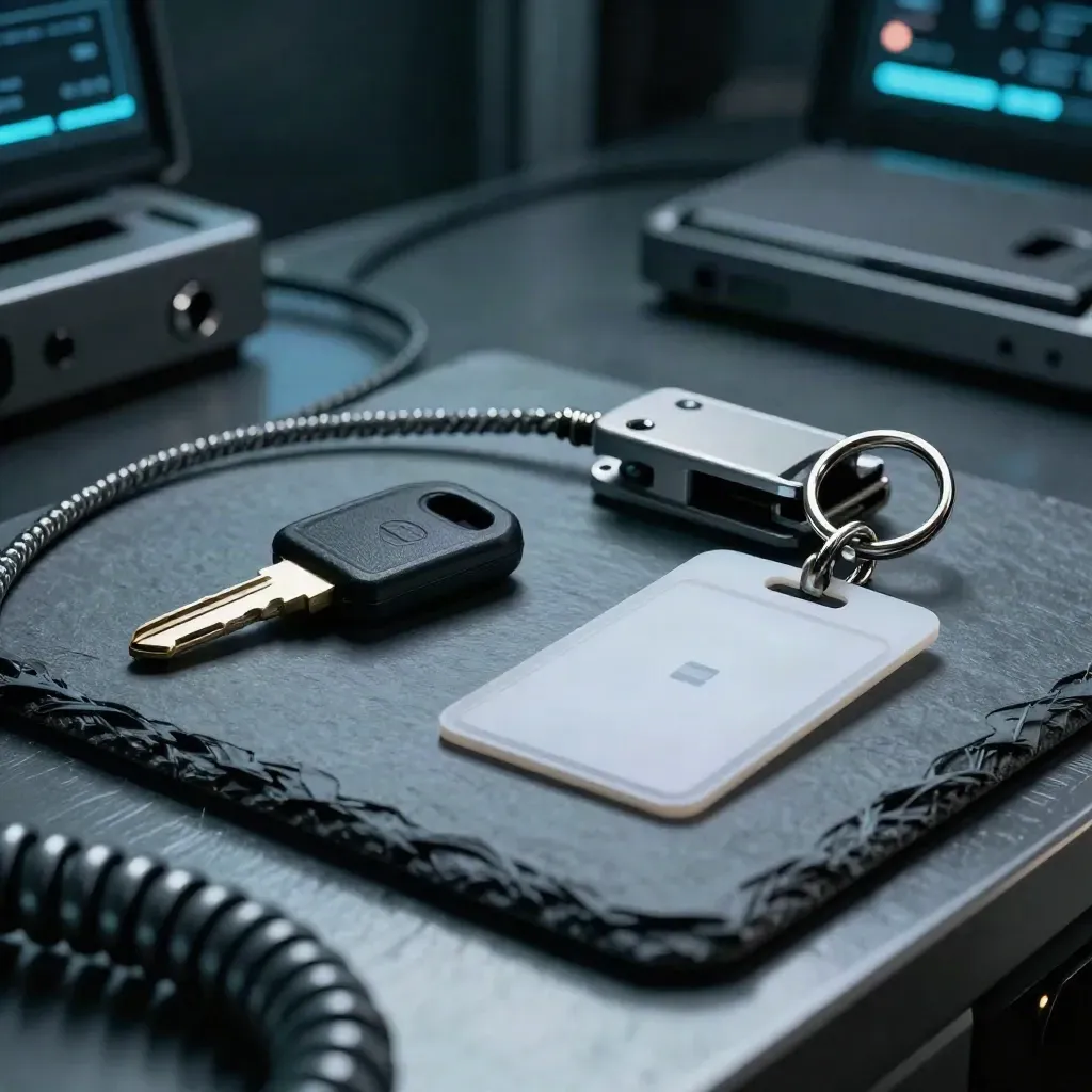 Hardware security key, smart badge and cable-lock loop on a brushed-metal access bench