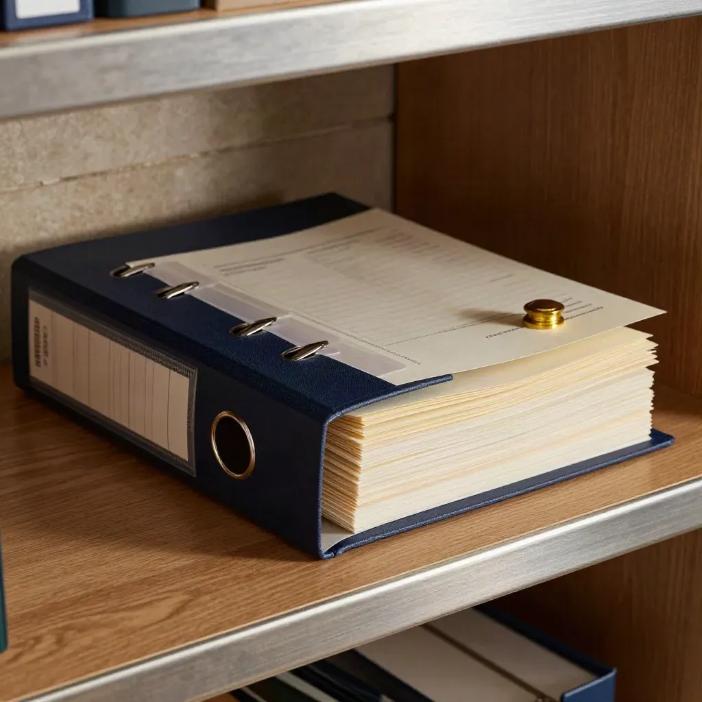 Open audit binder, seal stamp and index tabs on a shelf in warm archive light.