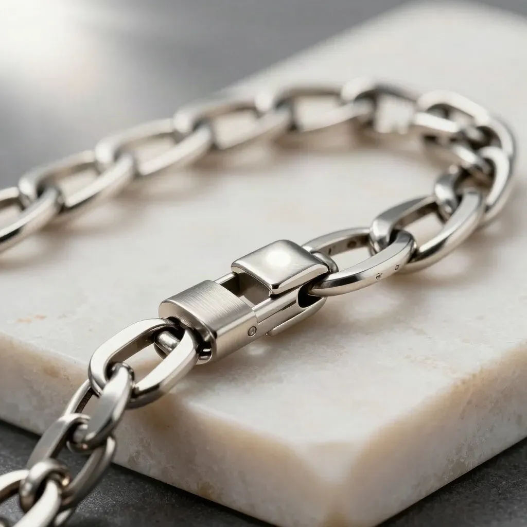 Macro of linked metal rings and a spring clasp on a pale stone surface