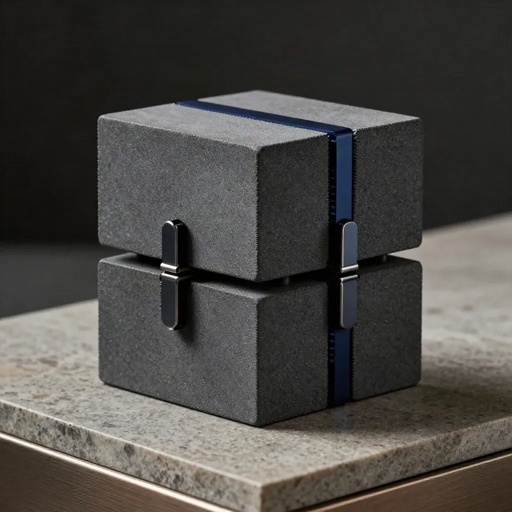 Graphite modular blocks with precision connectors snapping into a clean stacked hero arrangement.