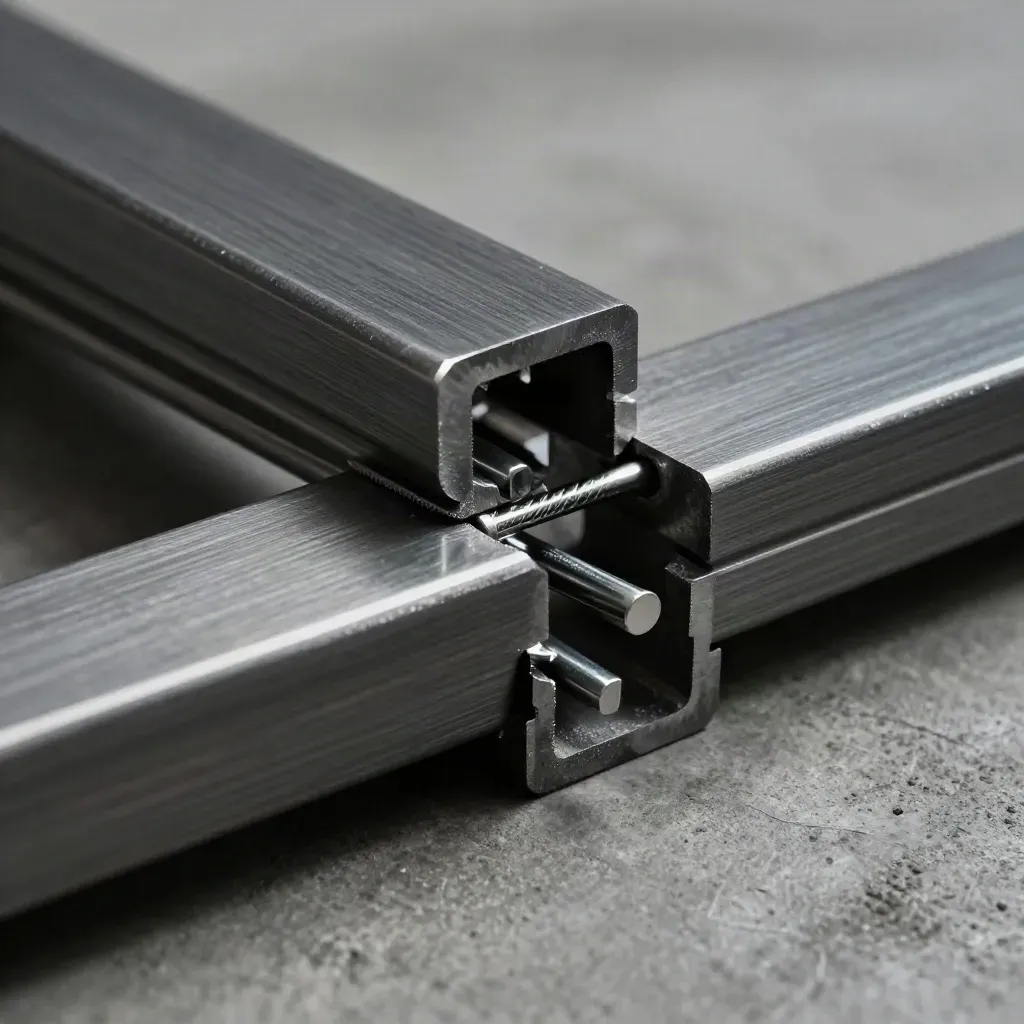Graphite dovetail rails locking together with a small cable bridge on concrete.