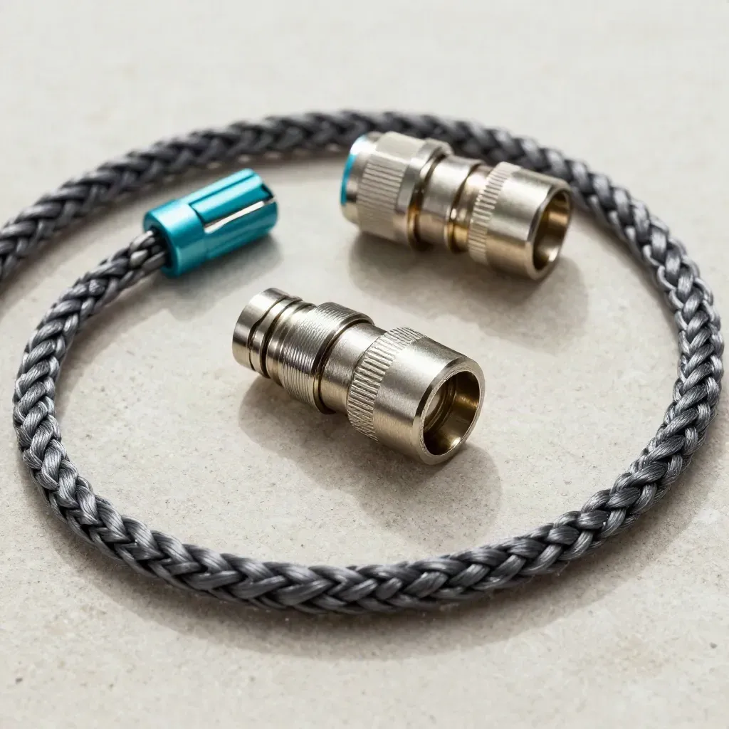 Braided metal connector loops and couplers arranged on stone in soft daylight