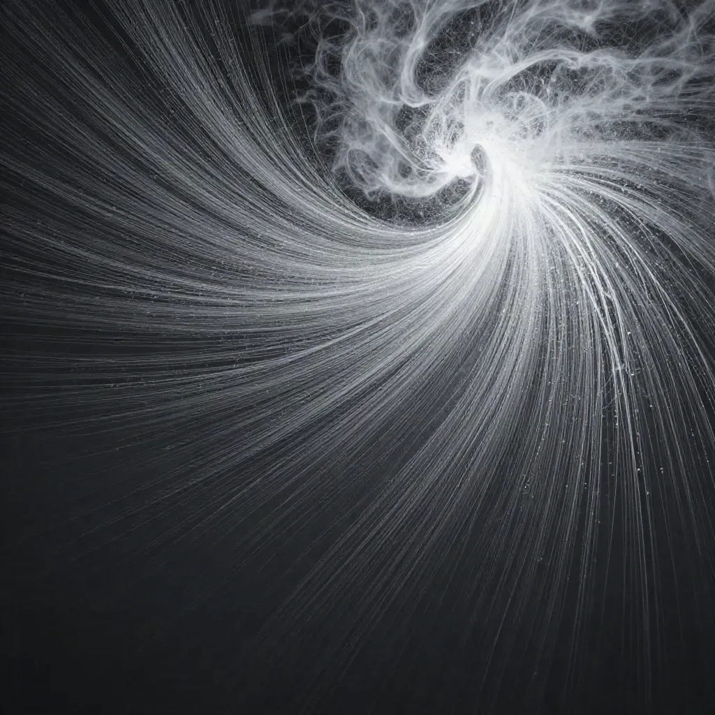 Silver filaments converge into a white bloom in graphite haze with calm copy space.